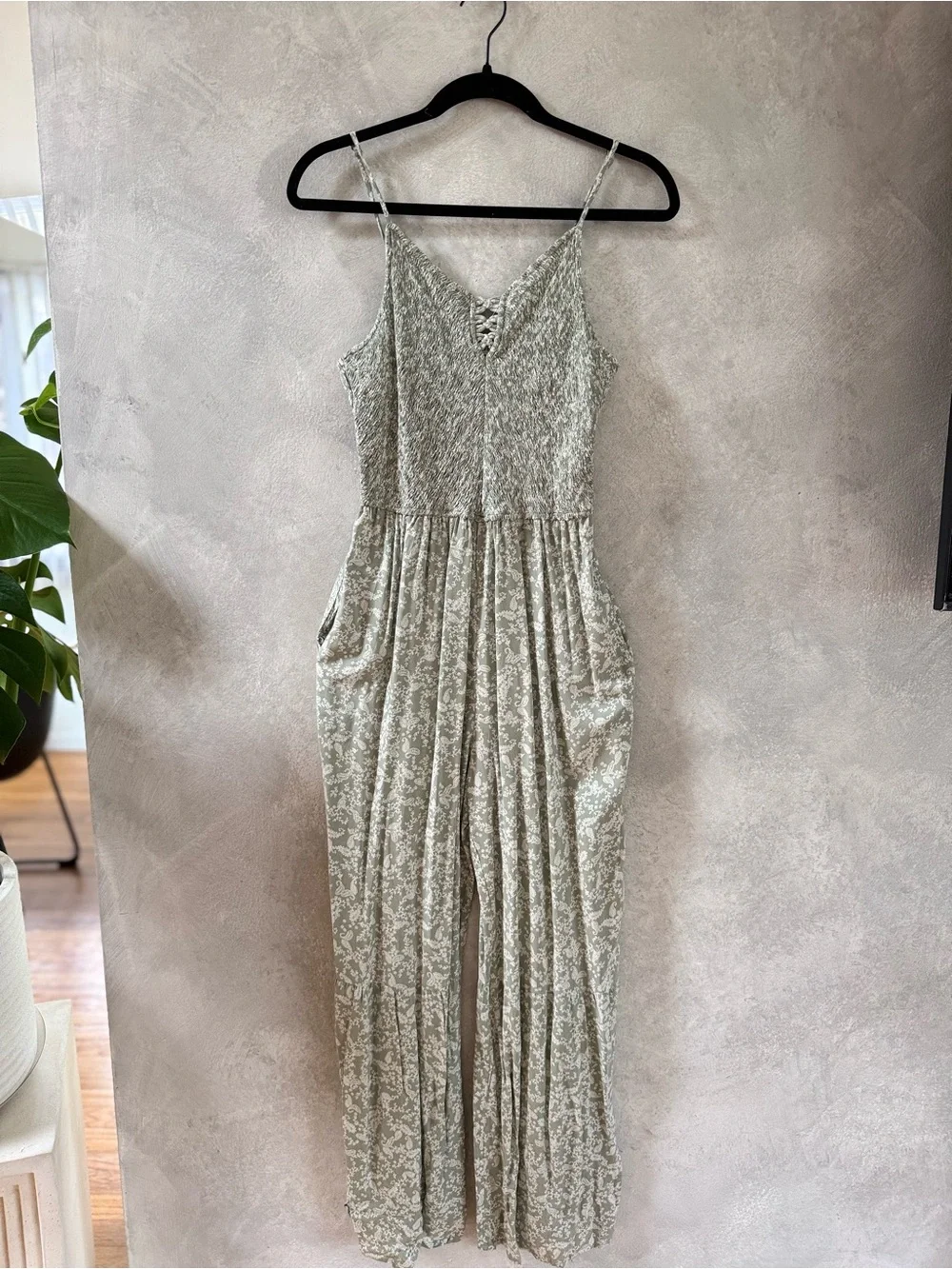 Sincerely Jules Sage Green Smocked V-Neck Jumpsuit - Picture 1 of 3